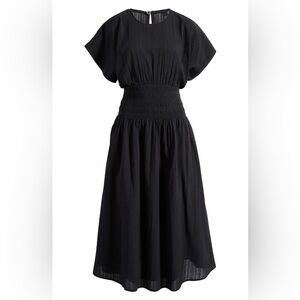 Madewell Black Smocked-Waist Midi Seersucker Dress Size L